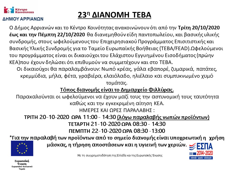 ΤΕΒΑ ΔΙΑΝΟΜΗ ΤΡΟΦΙΜΩΝ ΣΕ ΔΙΚΑΙΟΥΧΟΥΣ ΚΕΑ